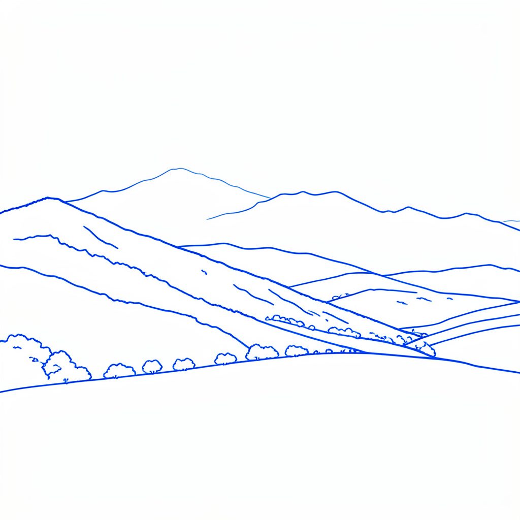 Soft cream and navy line drawing of hillside low-rise apartments with lush greenery