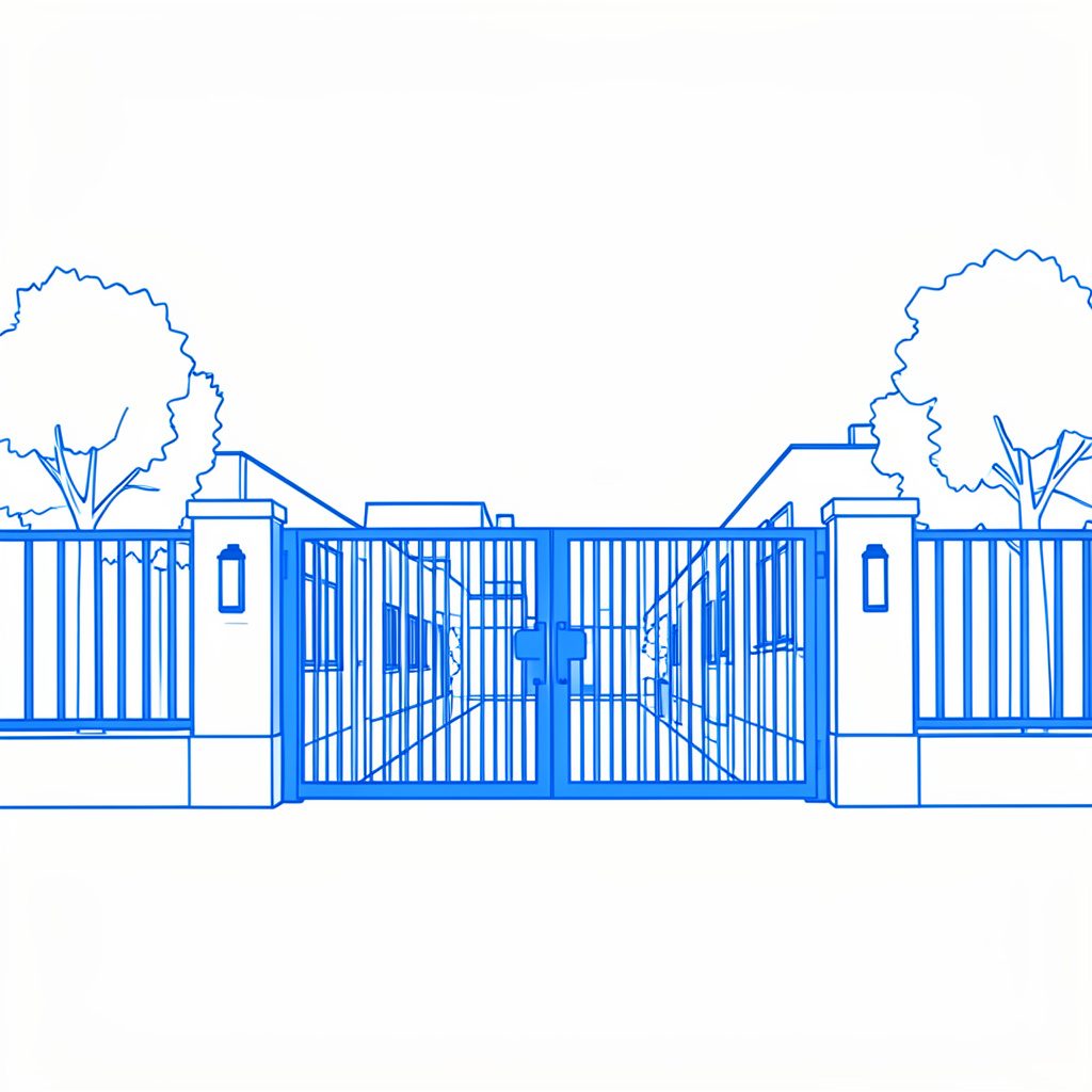 Wide tree-lined entrance to a gated residential community with soft morning light
