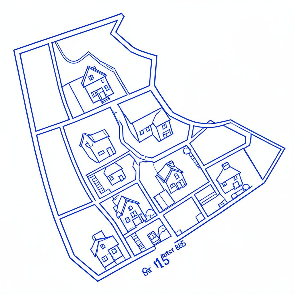 Soft cream and charcoal sketch of residential plot layouts with tree-lined streets